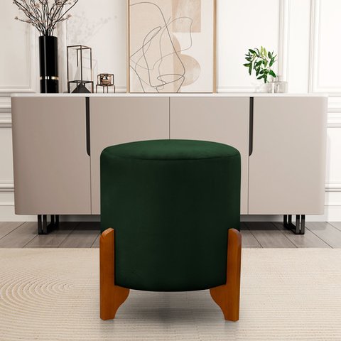 Puff Redondo em Veludo com Pés em Madeira Maciça Decorativo Sala Quarto - Verde Escuro