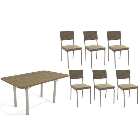 Conjunto: Mesa Sala Jantar Elba C/ Tampo de Madeira 160cm e 6 Cadeiras Zaria Niquel/nogueira - Suede