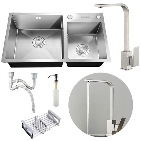 Kit Cuba Dupla Pia Cozinha Gourmet Completa com Acessórios e Torneira Slim em L Aço Inox Brinovar