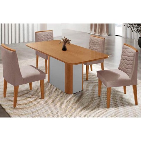 Sala de Jantar Completa Pietá C/ Tampo Madeirado Canto Curvo 120x80cm e 4 Cadeiras Maldivas