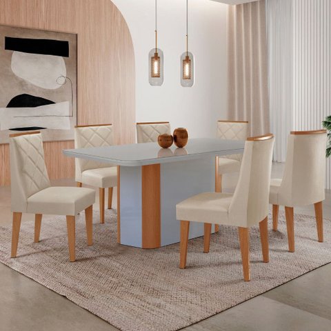 Mesa de Jantar Isadora 180cm Tampo Mdf Vidro Canto Copo com 6 Cadeiras Isadora Moderna Mobília