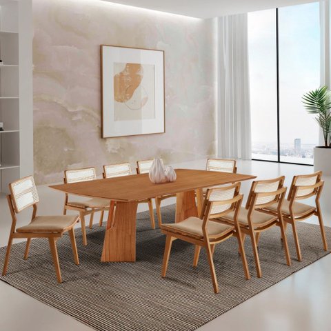 Sala de Jantar Mesa Florida 220cm Tampo Laminado Barril e 8 Cadeiras Eva Premium Moderna Mobília