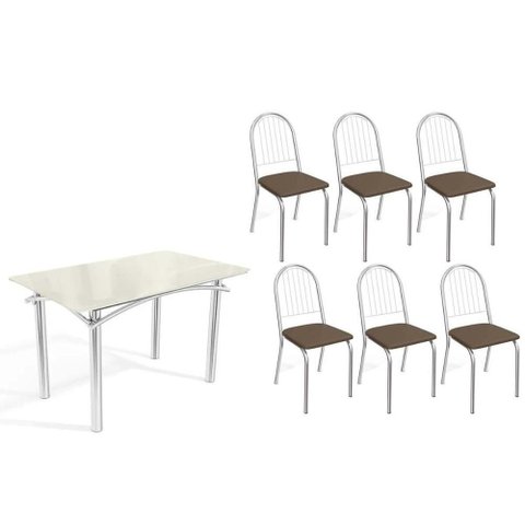 Sala de Jantar Completa Elba Tampo Madeirado C/ Vidro 120cm e 6 Cadeiras Noruega Cromada/off White
