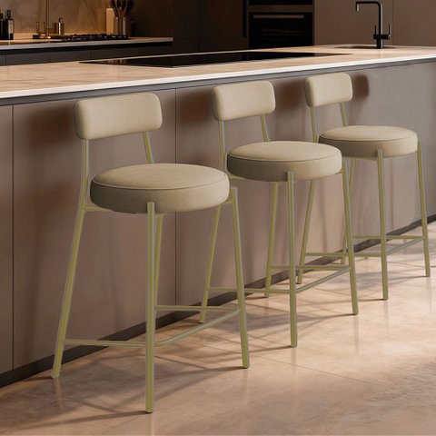 Banqueta Cozinha Alta com Encosto Kit 3 Industrial Dourado Londres New Couro Flex D03 - D'Rossi