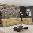 Ver imagem 1 de Conjunto Sala de Estar 1 Sofá Living 200cm e 1 Poltrona Stanford Chesterfield Pés Madeira Couro Bege