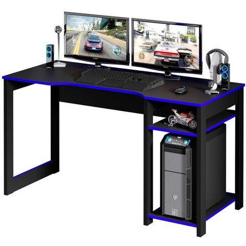 Mesa para Computador Gamer Espaço para 2 Monitores e Cpu Preto/Azul