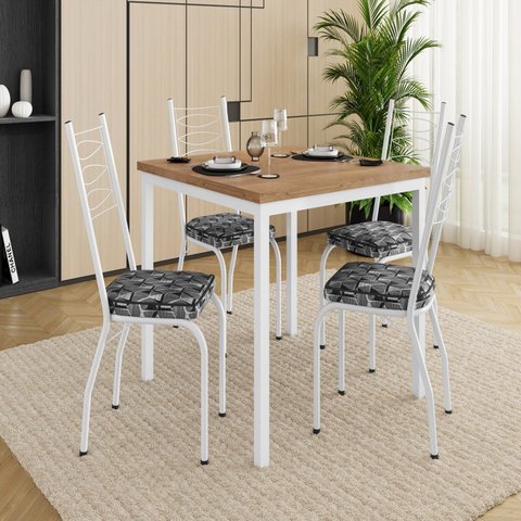 Conjunto Sala de Jantar Mesa Quadrada 90cm Tampo BP com 4 Cadeiras Adriana Branco/Mosaico Silver/Demolição