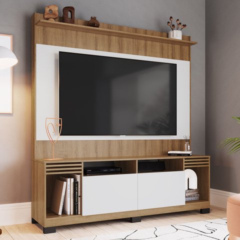 Rack Estante com Painel para Tv até 75 Pol 180 Cm Lisboa 2 Portas Nichos Mdp Mel Branco - Clicklar