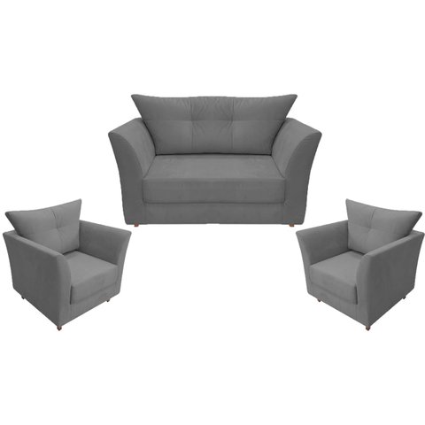 Kit Namoradeira + 2 Poltronas Decorativa Isis Suede Cinza Pés Madeira Mz Decor