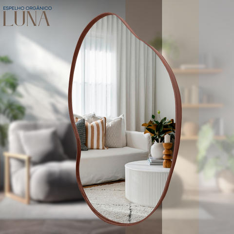 Espelho Orgânico Luna 70x50cm Moldura Couro Ecológico Decorativo Banheiro Sala:Caramelo