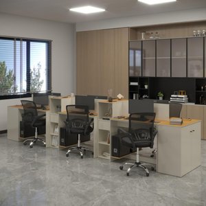 Estação de Trabalho 6 Lugares Smart Office 6 Mesas 4 Armários 2 Aparadores - Off White e Cedro