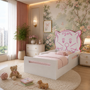 Ver imagem 2 de Cama Montessoriana Infantil Juvenil Gatinho MDF Branca com Proteção Lateral e Colchão:Rosa
