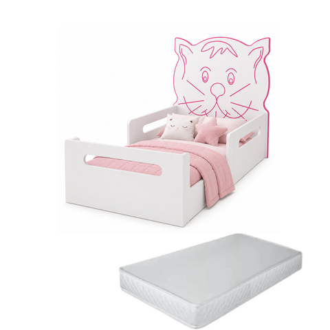 Cama Montessoriana Infantil Juvenil Gatinho MDF Branca com Proteção Lateral e Colchão:Rosa