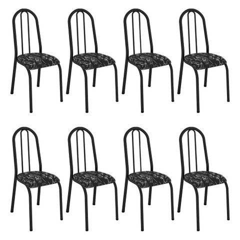 Kit 8 Cadeiras de Cozinha Flórida Estampado Preto Florido Pés de Ferro Preto