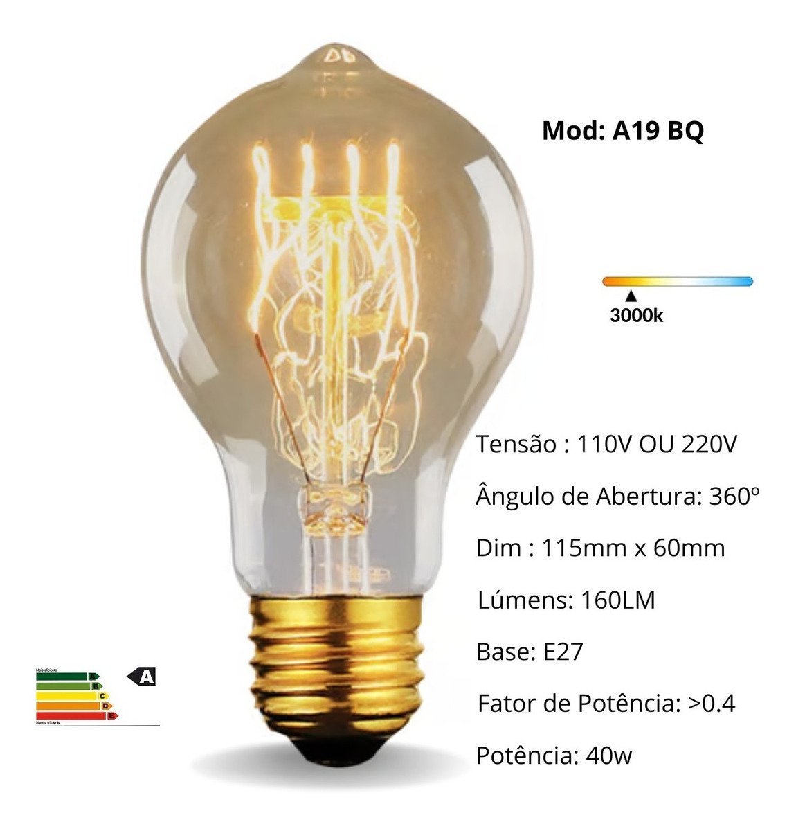 3 Lâmpada Filamento Carbono Bulbo A19 Vintage Retro Edison - 4