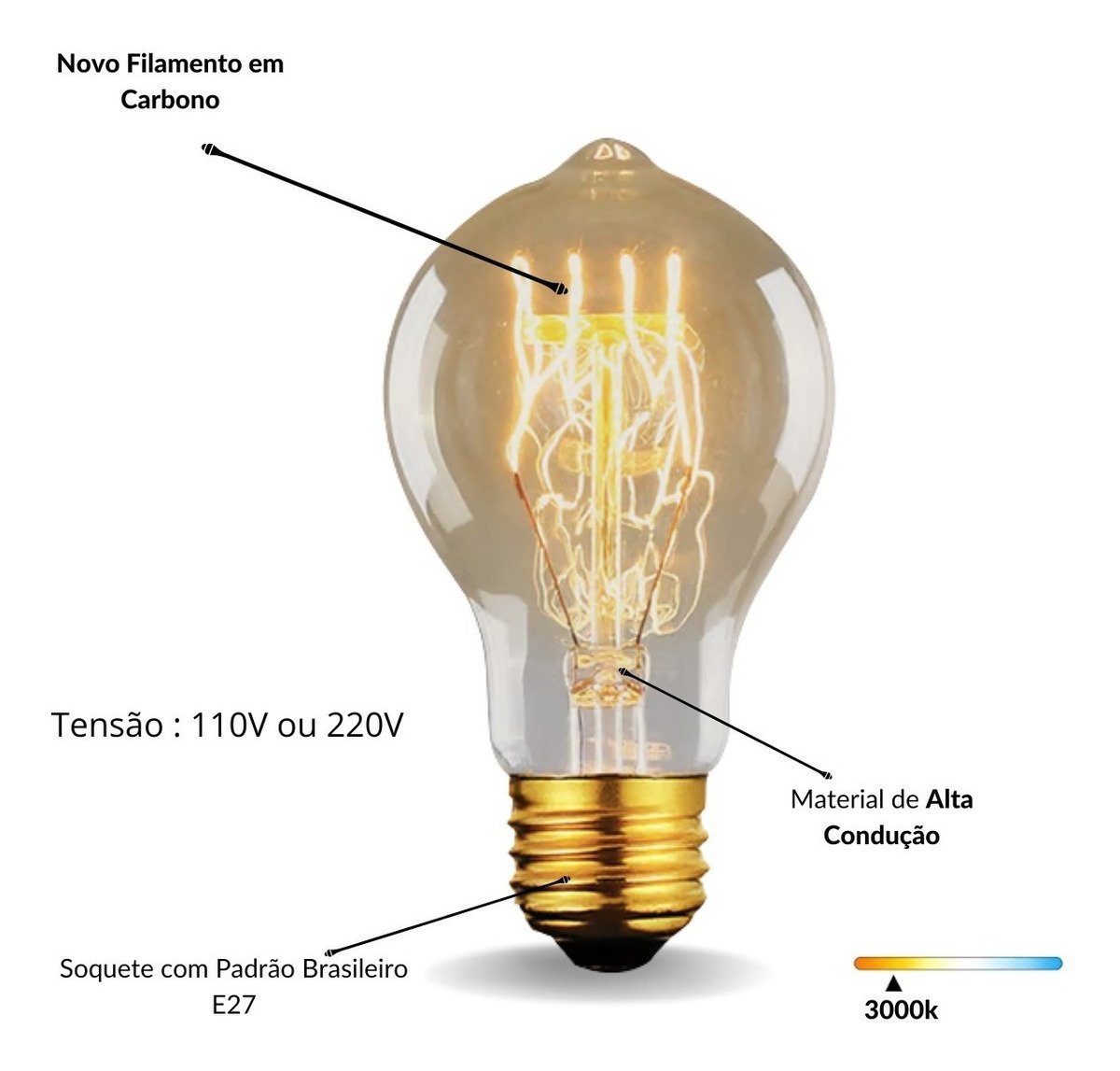 3 Lâmpada Filamento Carbono Bulbo A19 Vintage Retro Edison - 6