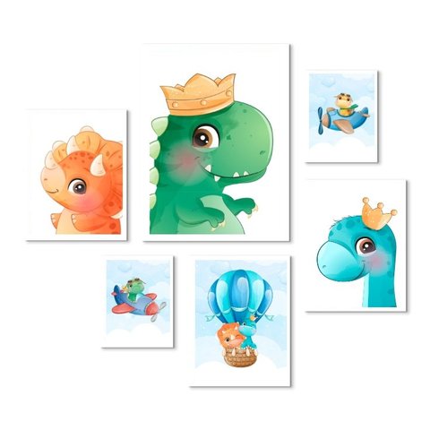 Kit 6 Quadros Quarto Infantil Dino Baby - com Vidro:madeira Preta