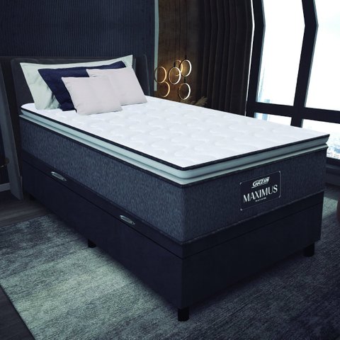 Cama Box Baú Solteiro Colchão Molas Ensacadas Pillow Top Maximus 88x188x69cm Cinza / Preto Gazin
