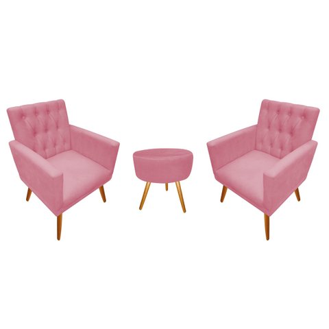 Kit 2 Poltronas Decorativa Nina Capitonê + Puff Redondo Suede Rosa Pés Madeira Mz Decor