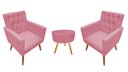 Ver imagem 1 de Kit 2 Poltronas Decorativa Nina Capitonê + Puff Redondo Suede Rosa Pés Madeira Mz Decor