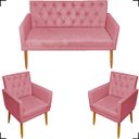Ver imagem 1 de Kit Namoradeira Decorativa Para Sala Capitonê Com Base + 2 Poltronas Para Recepção Suede