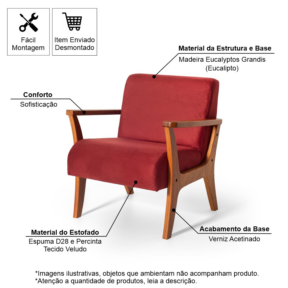 Conjunto de Poltronas Estofadas em Madeira Maciça Cléo Bordô – Straub Web - 8