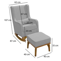Poltrona Amamentação Aquila Balanço Retrô com Puff Base Madeira Linho Cinza - 2