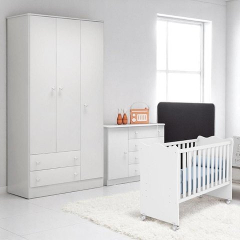 Conjunto Infantil Doce Sonho Branco: Berço Doce Sonho + Kit Rodízios + Cômoda Doce Sonho + Guarda