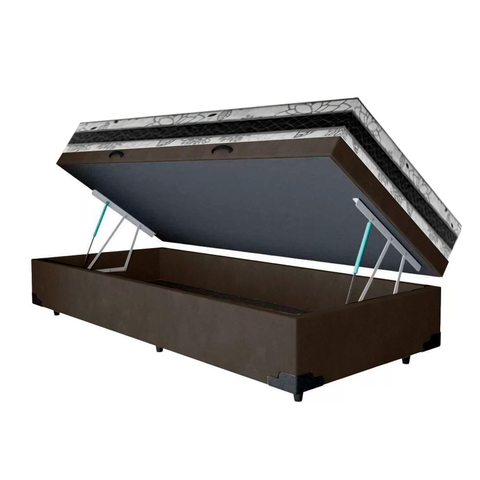 Cama Base Box Baú Solteiro Super Confort Suede Marrom + Colchão Solteiro Super Confort D33 24x88x188