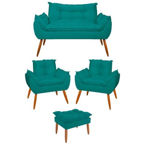 Kit 02 Poltronas + Namoradeira + Puff Opala Balaqui Decor Azul Turquesa
