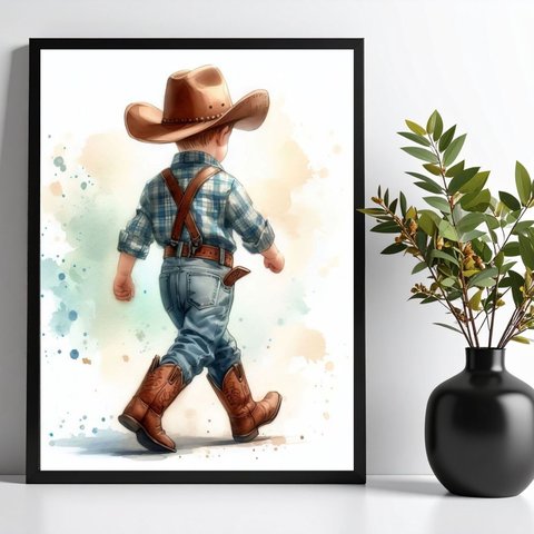 Quadro Infantil Menininho Cowboy 24x18cm:moldura Preta