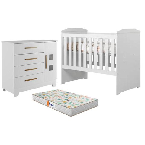 Berço Americano Carinho com Cômoda Fly Branco Acetinado Colchão Americano Gazin - Tigus