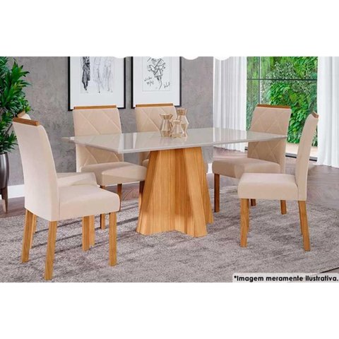 Sala de Jantar Completa Patricia C/ Tampo Madeirado C/ Vidro Canto Reto 160x80cm e 6 Cadeiras