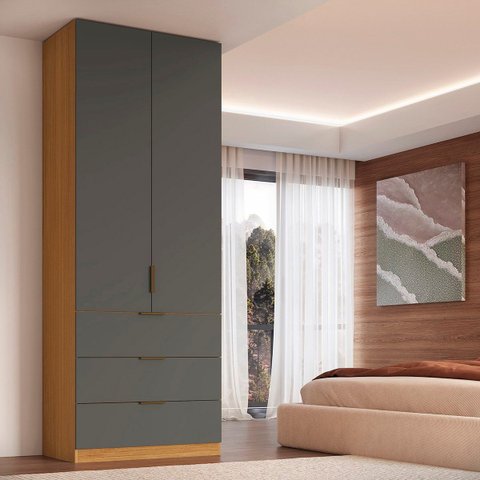 Guarda Roupa Modular 2 Portas 3 Gavetas 70cm MDF Altezza Clean Belmax:Freijó/Titânio