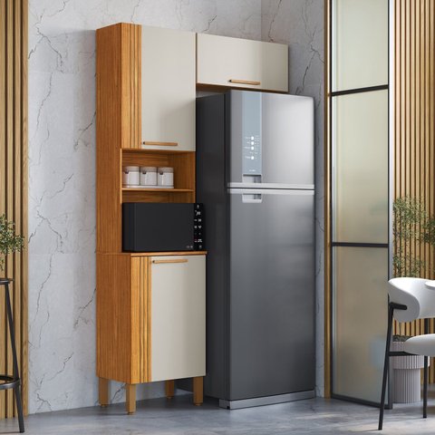 Cozinha Modulada Compacta 100% MDF 2 Peças 3 Portas Viena Espresso Móveis Bege/Canela/Off White
