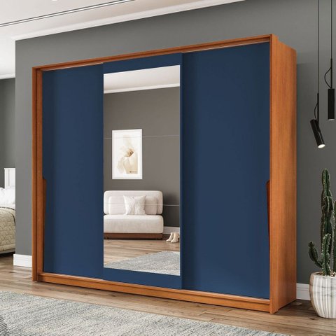 Guarda-roupa Casal Porto 3 Portas 4 Gavetas com Espelho Freijó/azul - Politorno