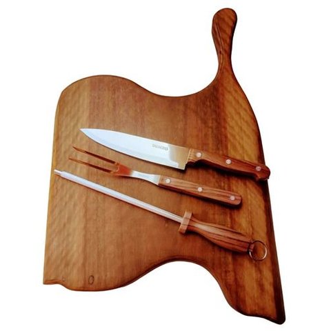Tábua Churrasco Madeira Ipê Formato Único 53cm com Kit Churrasco