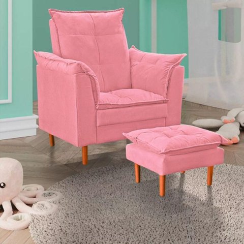 Poltrona Amamentação + Mini Puff Opala Tecido Suede Rosa - Fri Varejo