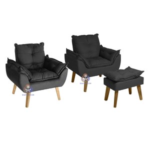 Kit 2 Poltronas Decorativas Opala e Puff Opala Suede Preta Su Decor