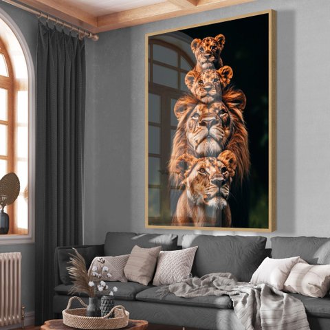 Quadro Decorativo Familia de Leão Leoa com Dois Filhotes Vertical Sala Quarto Casa Escritório