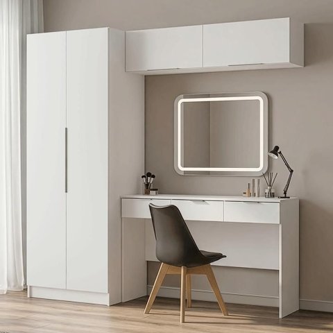 Conjunto Quarto 1 Penteadeira 2 Aéreos 1 Guarda-Roupa 2 Portas Neo Branco Madesa