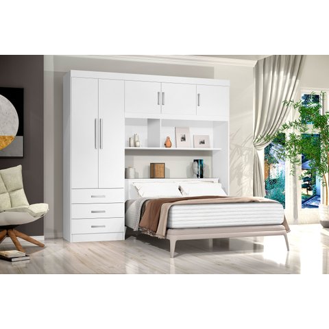 Kit 2x1 Guarda-Roupa Roupeiro Branco De Casal + Cabeceira com Baú Interno Espaçoso Luxo Cc