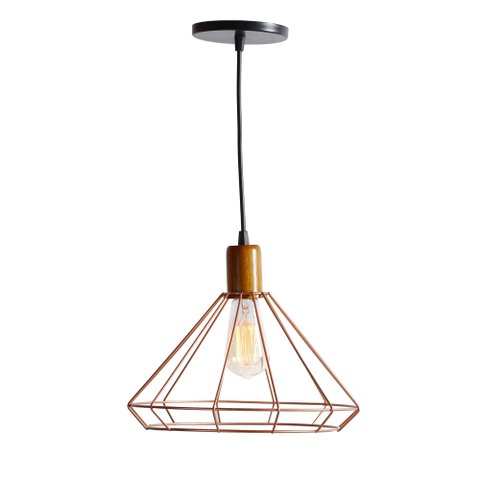 Kit 2 Pendente Aramado Madeira Poptem Chapéu Cobre Luminária Lustre Sala Quarto Interior Iluminação
