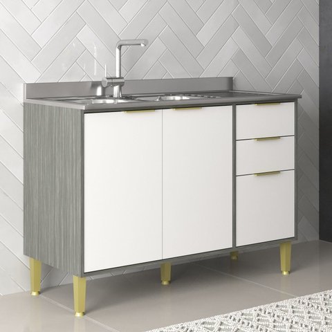 Balcão de Cozinha 120cm com 2 Portas e 3 Gavetas Domus Espresso Móveis Silver/Branco