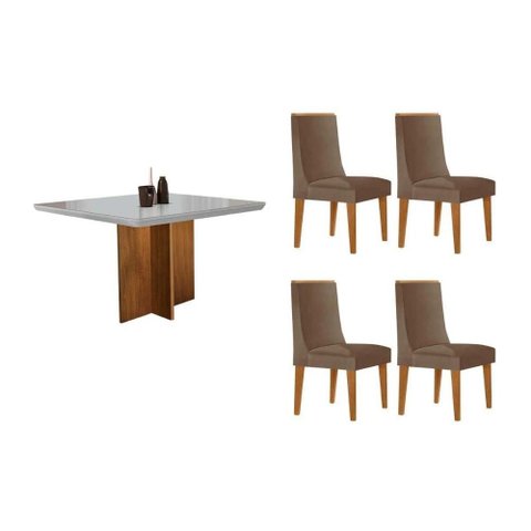 Conjunto: Mesa Sala Jantar Berlim Tampo c/ Vidro Curvo 90cm+ 4 Cadeiras Dakota Madeira Naturale/Off