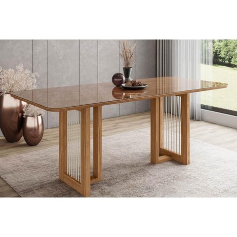 Mesa de Sala Jantar Yara Sc77 C/ Tampo Madeirado C/ Vidro Curvo 200x90cm Nature - Henn