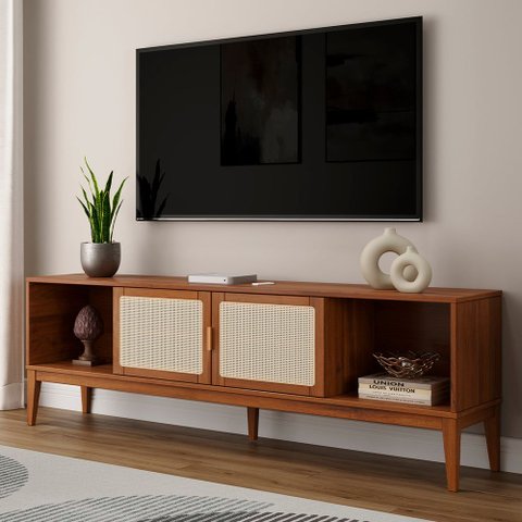 Rack para TV 75 Polegadas Viena Madeira Maciça 2 Portas 180cm Telinha Amêndoa - Apaixone & Decore