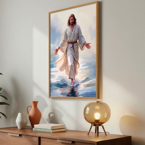 Quadro Decorativo Jesus sobre As Águas Cor:moldura Freijo;título:42x62 com Vidro Acrílico