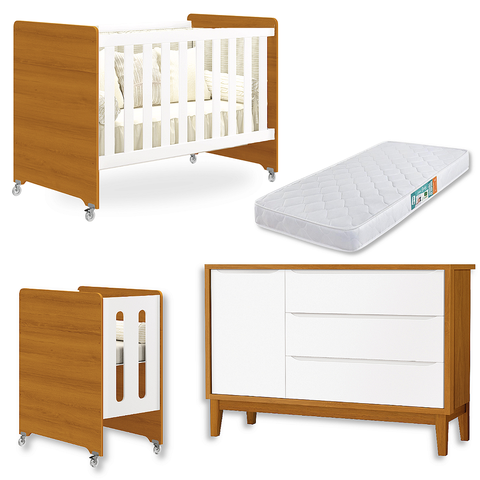 Quarto de Bebê Berço Evolution + Cômoda 1 Porta 3 Gavetas Classic Branco Savana  + Colchão