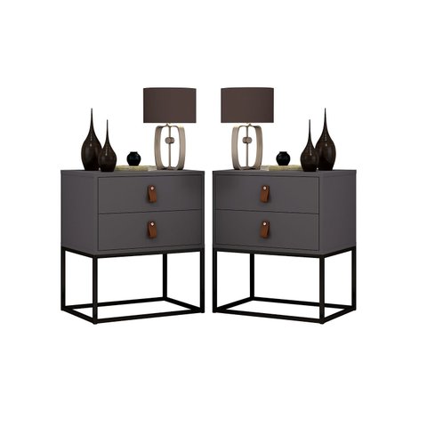 Kit 2 Mesinha de Cabeceira Unic 45cm 2 Gavetas com Puxadores de Couro e Base de Metal Preto Cor:cinz